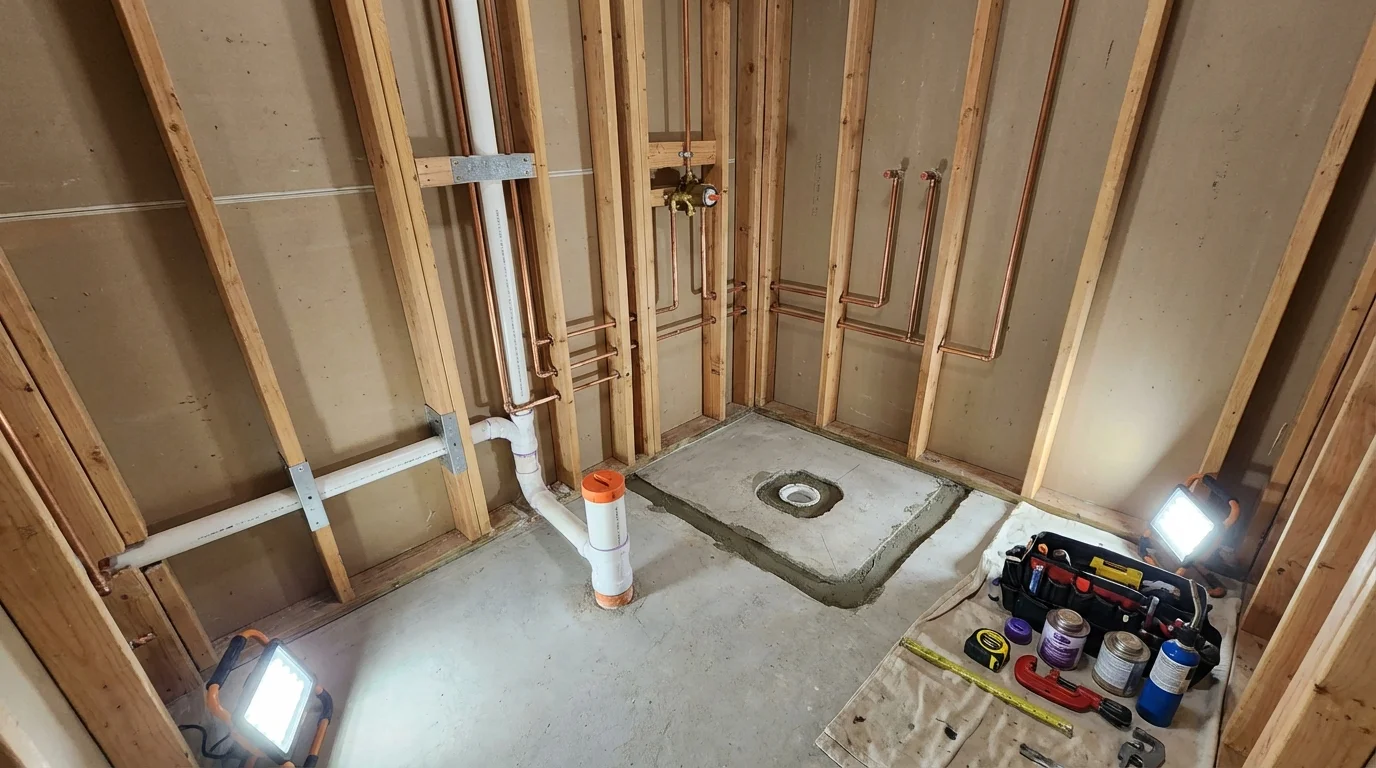 Bathroom rough-in plumbing during remodel by Johns Plumbing LLC in Makawao