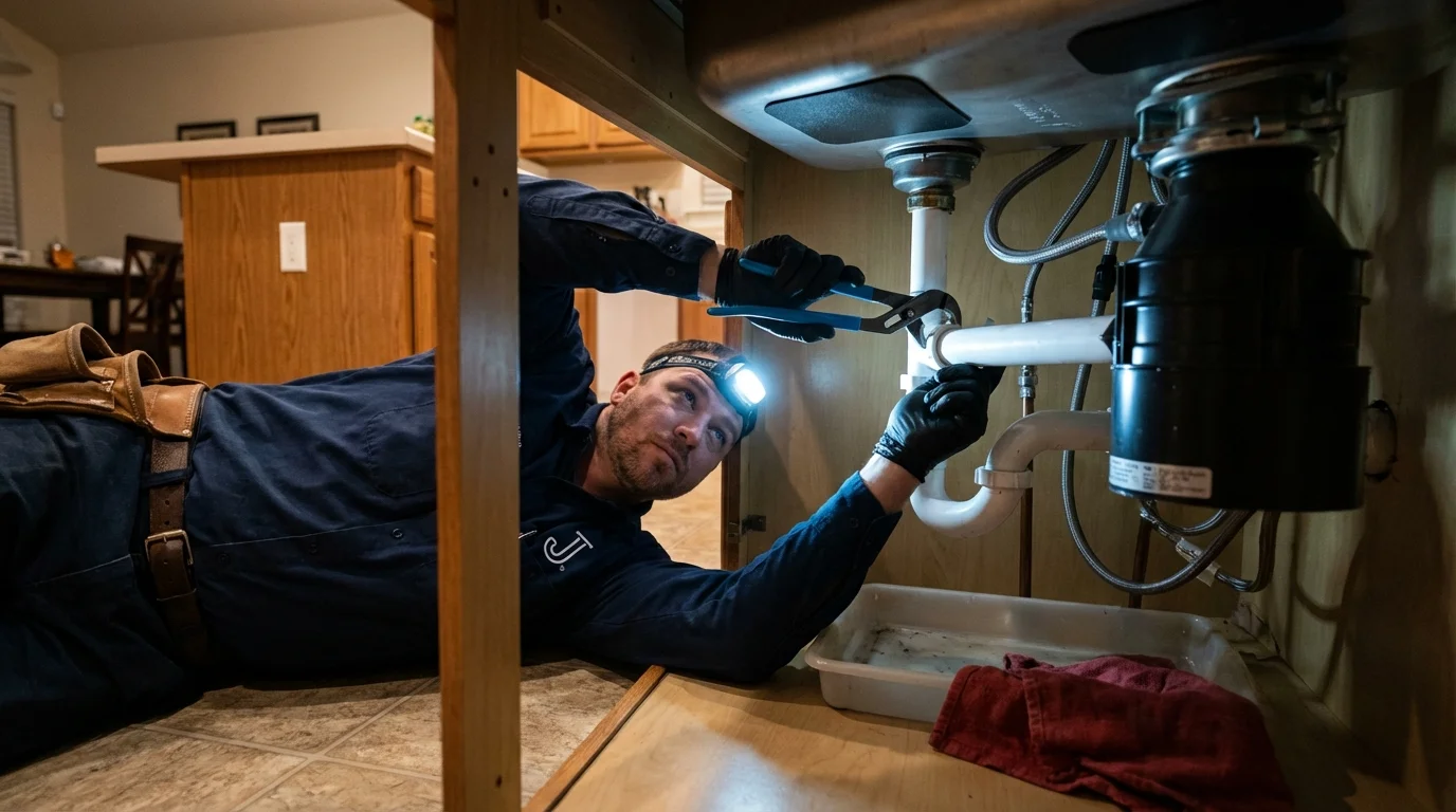 P-trap and supply line connections under a kitchen sink showing a common leak point in Makawao, HI